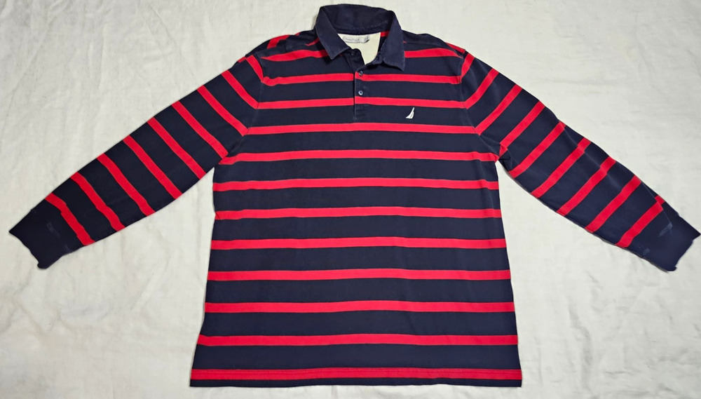 NAUTICA Men's Long Sleeve Polo Shirt 3XL Rugby Style Navy Red Striped Knit Big